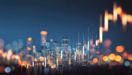Blurry cityscape at night with financial data overlaid