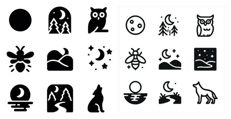 Obraz premium Nature and wildlife solid icons set – silhouette, filled, outdoor and animal symbols