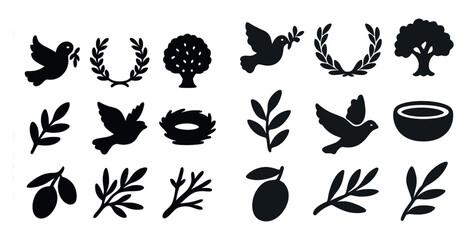 Nature and peace silhouette icons set – outline, solid, organic and tranquility symbols