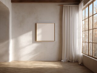 A white room with a window and a white curtain. There is a white framed picture on the wall