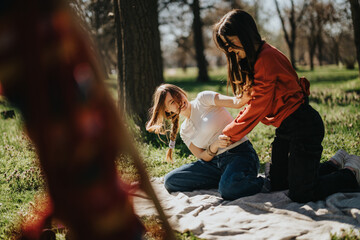 Closeup of two young women laughing and enjoying quality time in a sunny park setting. They exhibit...