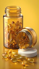 Amber pill bottles with golden softgel capsules on yellow background