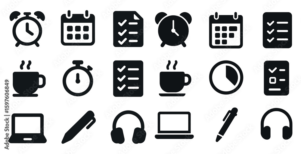 Poster time management solid icons set – flat, filled, productivity and scheduling tools
