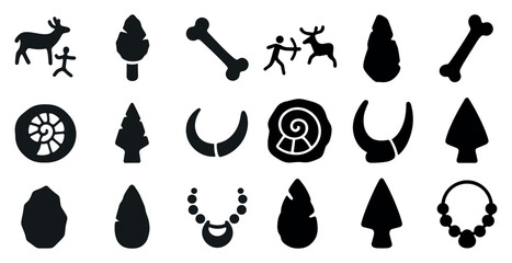 Prehistoric archaeology silhouette icons set – ancient, fossil, artifact symbols