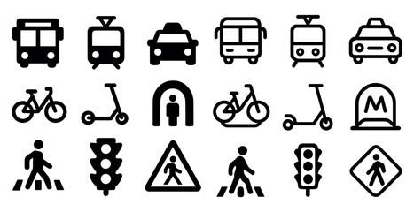 Transportation and commuting icons set – filled, solid, travel and transit symbols