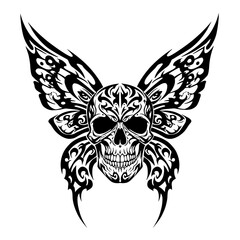 Fototapeta premium Skull with butterfly wings in bold tribal design, solid black with sharp flowing lines and interconnected patterns on white background