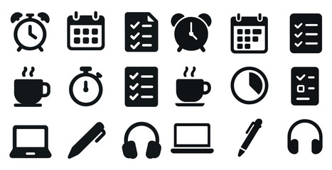 Time management solid icons set – flat, filled, productivity and scheduling tools