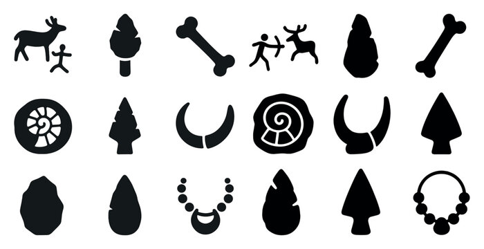 Prehistoric archaeology silhouette icons set – ancient, fossil, artifact symbols