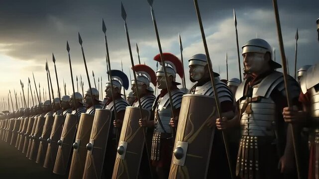 Imposing Roman Legionnaires Stand in Formation, Spears and Shields Ready for Epic Conflict
