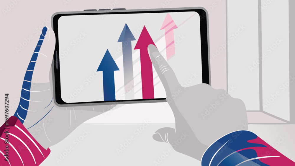 Poster Robot hand holding a smartphone displaying upward trending arrows with a finger touching screen