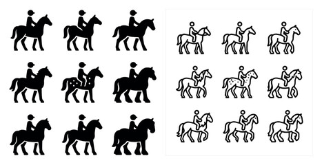 Obraz premium Equestrian silhouette icons set – solid, filled, horse and rider symbols collection