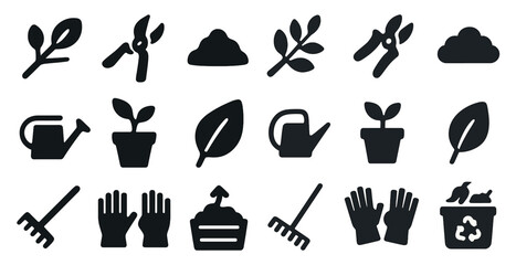 Gardening solid icons set – filled, silhouette, plant and tool symbols