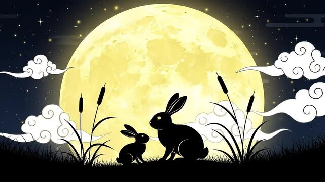 Luminous Full Moon Night: Enchanting Rabbits Silhouetted Amidst Twinkling Stars and Gentle Clouds.