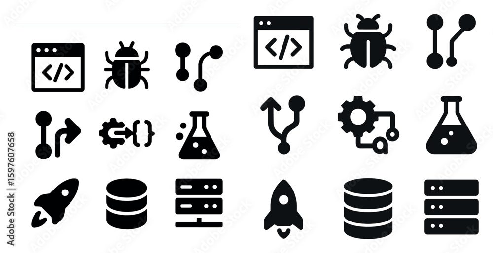 Poster software development solid icons set – filled, programming, tech symbols