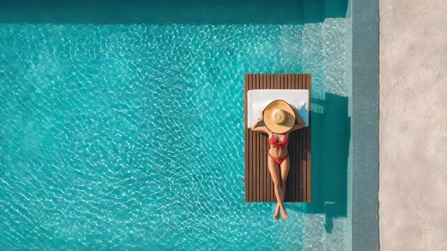 Woman sunbathing and relax in pool wearing hat - Summer, holiday and swimming pool concept - Model by AI generative