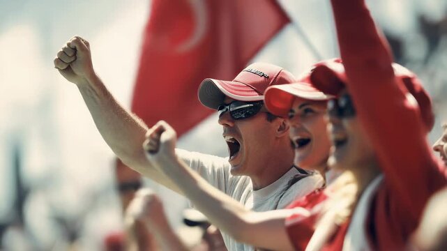 Formula one sport fan support their team with red and white flags - People, celebration and competition concept - Models by AI generative
