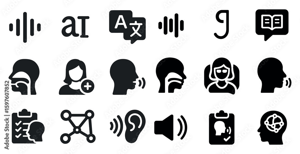 Poster language and communication solid icons set – dialogue, speech, and interpretation symbols