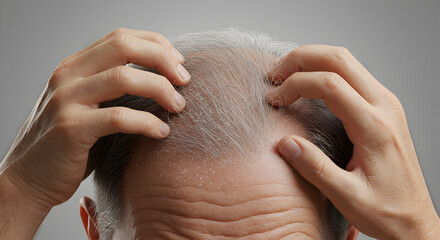 Naklejka premium Close Up of Person Scratching Dandruff Covered Scalp with Gray Background Healthcare Theme