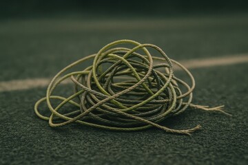 Tangled ropes of green and brown colors lie on dark textured surface of tennis court, close-up.