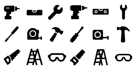 Construction and tools solid icons set &ndash; filled, building, equipment symbols