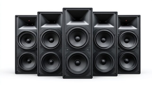 A striking image of five black loudspeakers arranged closely together, showcasing a professional audio setup on a white background.