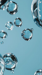 Abstract Serene Aqua Bubbles:  Clean, Transparent, and Refreshing Water Droplets on Blue Background.