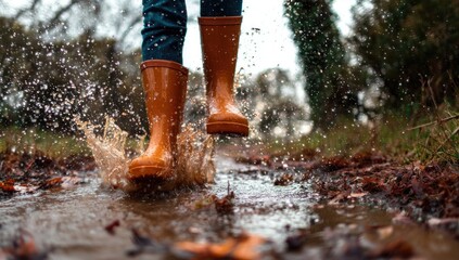 Person in orange rain boots splashing through puddles