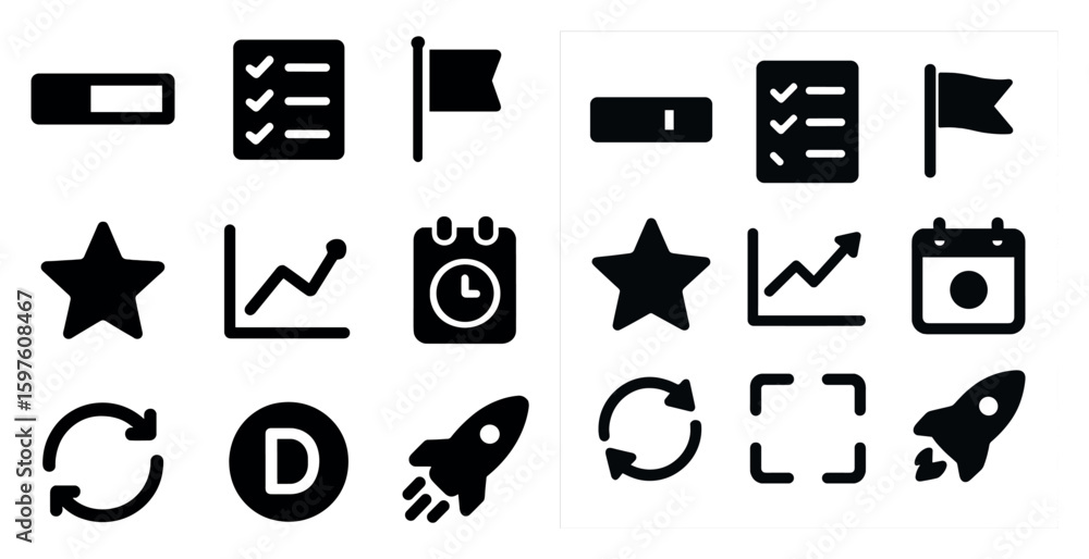 Poster business productivity solid icons set – filled, workflow, task management symbols