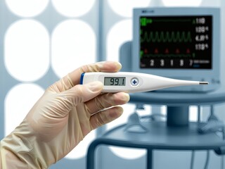 Photo of a gloved hand holds a digital thermometer displaying a temperature reading in a clinic