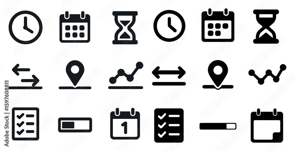 Poster business and productivity solid icons set – outline, filled, workflow and task symbols