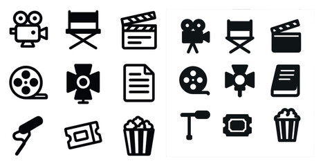 Cinema and movie icons set – solid, silhouette, film and multimedia symbols