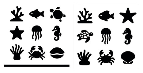Fototapeta premium Marine life icons set – silhouette, filled, ocean and sea animal symbols