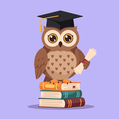 Wise owl wearing black graduation cap, scholarly and proud, perched on stack of books holding diploma scroll, clean educational design, flat vector illustration 
