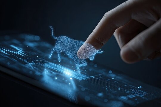 Hand touching digital bull graphic on tablet - Powered by Adobe