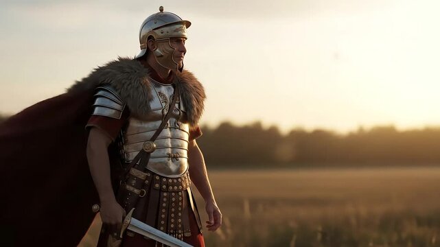 Majestic Roman Legionary Warrior in Detailed Armor and Fur Cape Standing Vigilant in Golden Field at Sunset