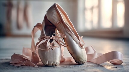 A pair of well-worn ballet shoes, their ribbons trailing across a wooden floor, softly lit by the sun.