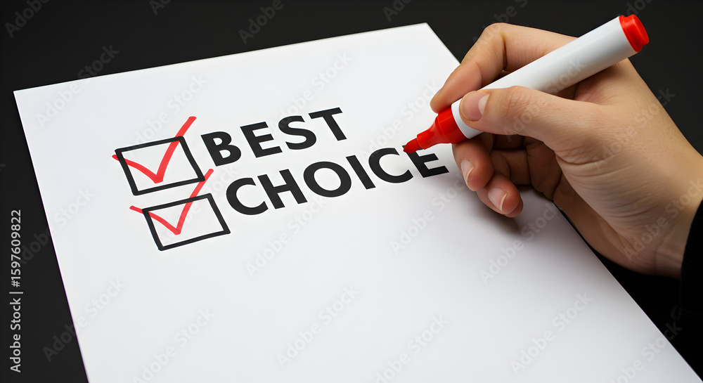 Poster hand marks best choice checkboxes on white paper with red marker close up