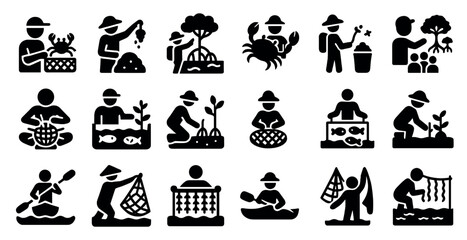 Ecology and conservation filled icons set – solid, environment, wildlife protection symbols