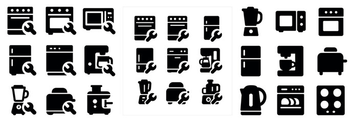 Home appliance solid icons set - kitchen, repair, household symbols