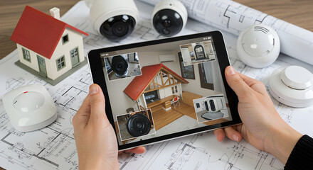 Hands Holding Tablet Displaying Home Interior with Security Camera Detections on Wood Table Top Surrounded by Security Devices