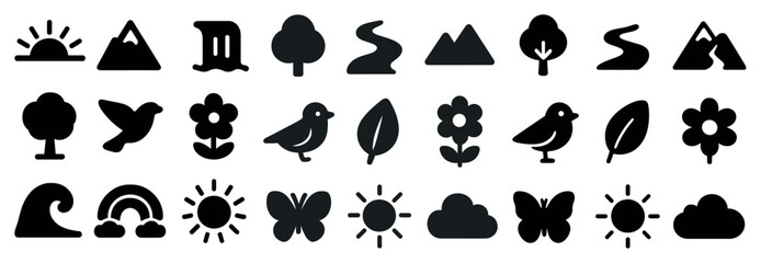 Nature and outdoors solid icons set – filled, silhouette, wildlife symbols collection