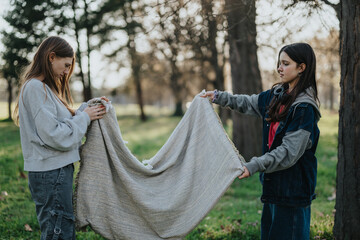 Two young girls set up a blanket in a serene green park, enjoying a casual and relaxed outdoor...