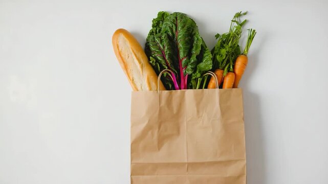 Fresh vegetables and bread in a brown paper bag for healthy meal preparation