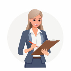 Vector illustration of a businessperson writing on a clipboard with pen, flat design, simple office scene with neutral tones