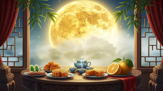 Radiant Full Moon Illuminates Traditional Mid-Autumn Festival Table with Mooncakes and Tea