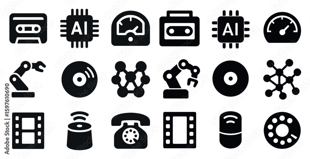 Poster technology and ai solid icons set – filled, robotics and digital innovation symbols