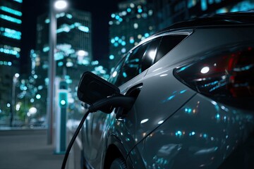 Naklejka premium Electric vehicle charging at night in a city