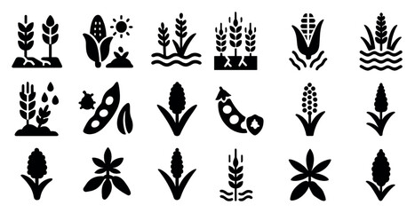 Agriculture solid icons set – filled, farming, plant growth symbols