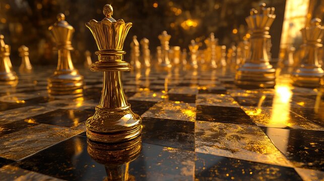 Golden chess queen commands victory on reflective board, embodying strategy and luxury in dramatic lighting