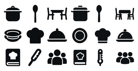 Cooking and dining solid icons set – filled, kitchen, culinary essentials